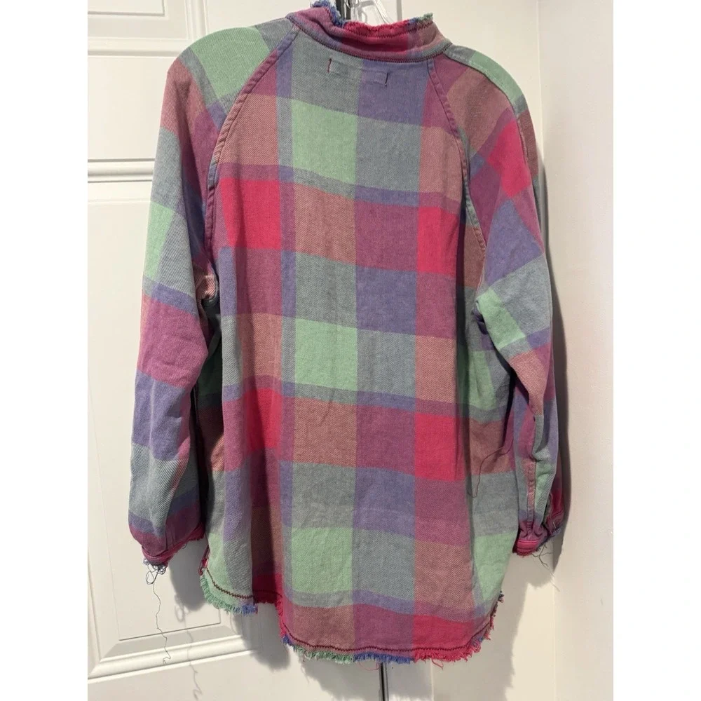 We The Free Women's Plaid Shirt Jacket Raw Hem Distressed Boho Pink Green S - Picture 13 of 13